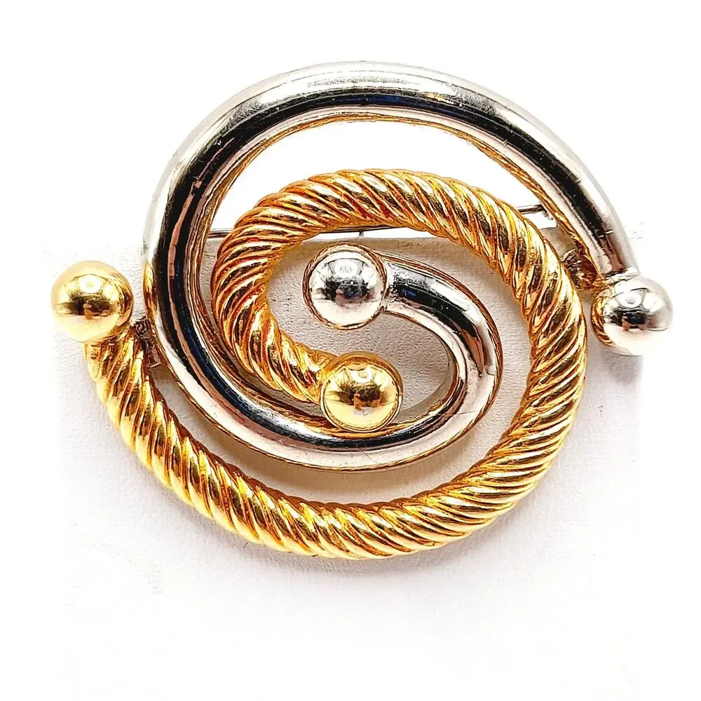 Vintage Silver Gold Tone Spiral Brooch Mid-Century Modern 2 Inch Unsigned